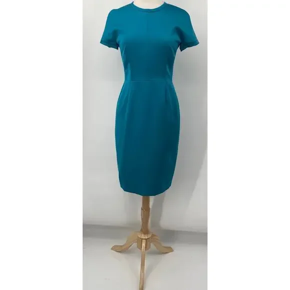 Escada Sheath Dress Knee Length Short Sleeve Teal Blue $1075 MRSP NEW Womens 6